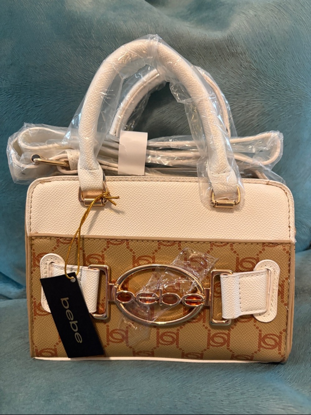 bebe White and Tan Logo-Print Satchel with Gold Accent